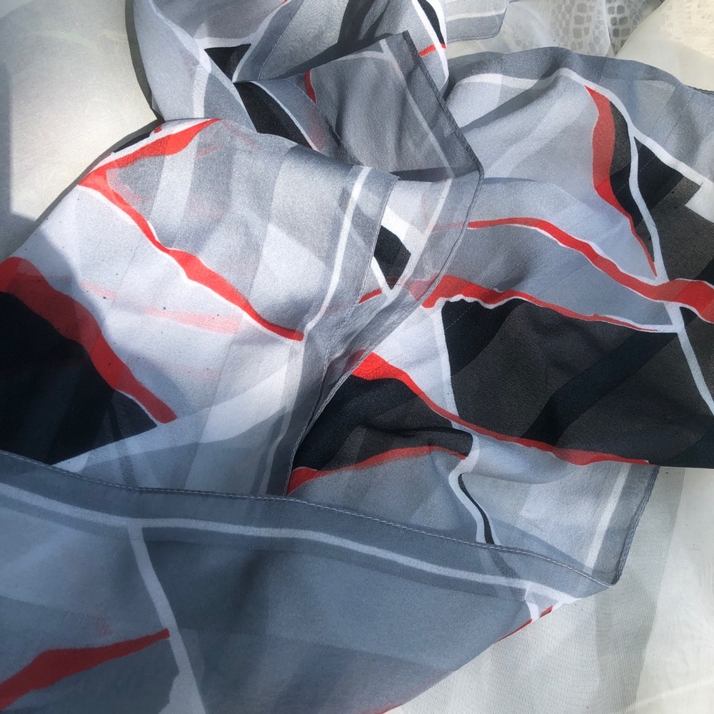 Renoir Scarf Art Deco Triangle Pattern Black Grays and Red Sheer Lightweight